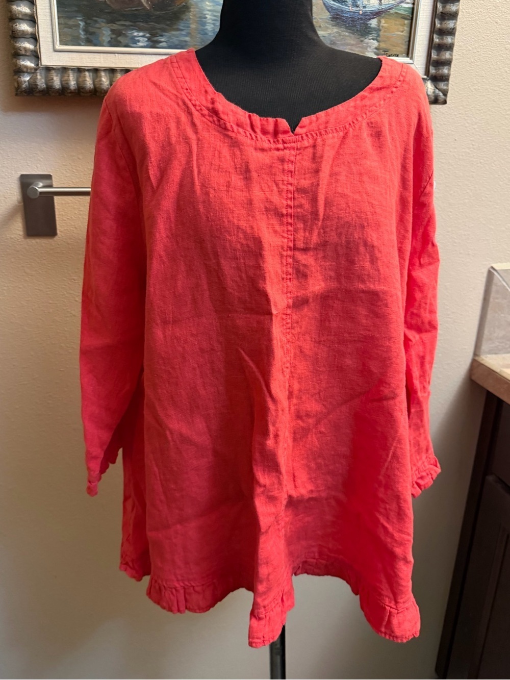 LINEN FOCUS CASUAL LIFE Coral Women's Short Sleeve Shirt V Neck Ruffle SZ M EUC